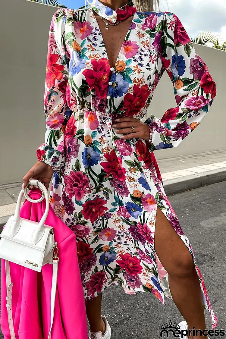 Elegant College Floral Patchwork V Neck A Line Dresses