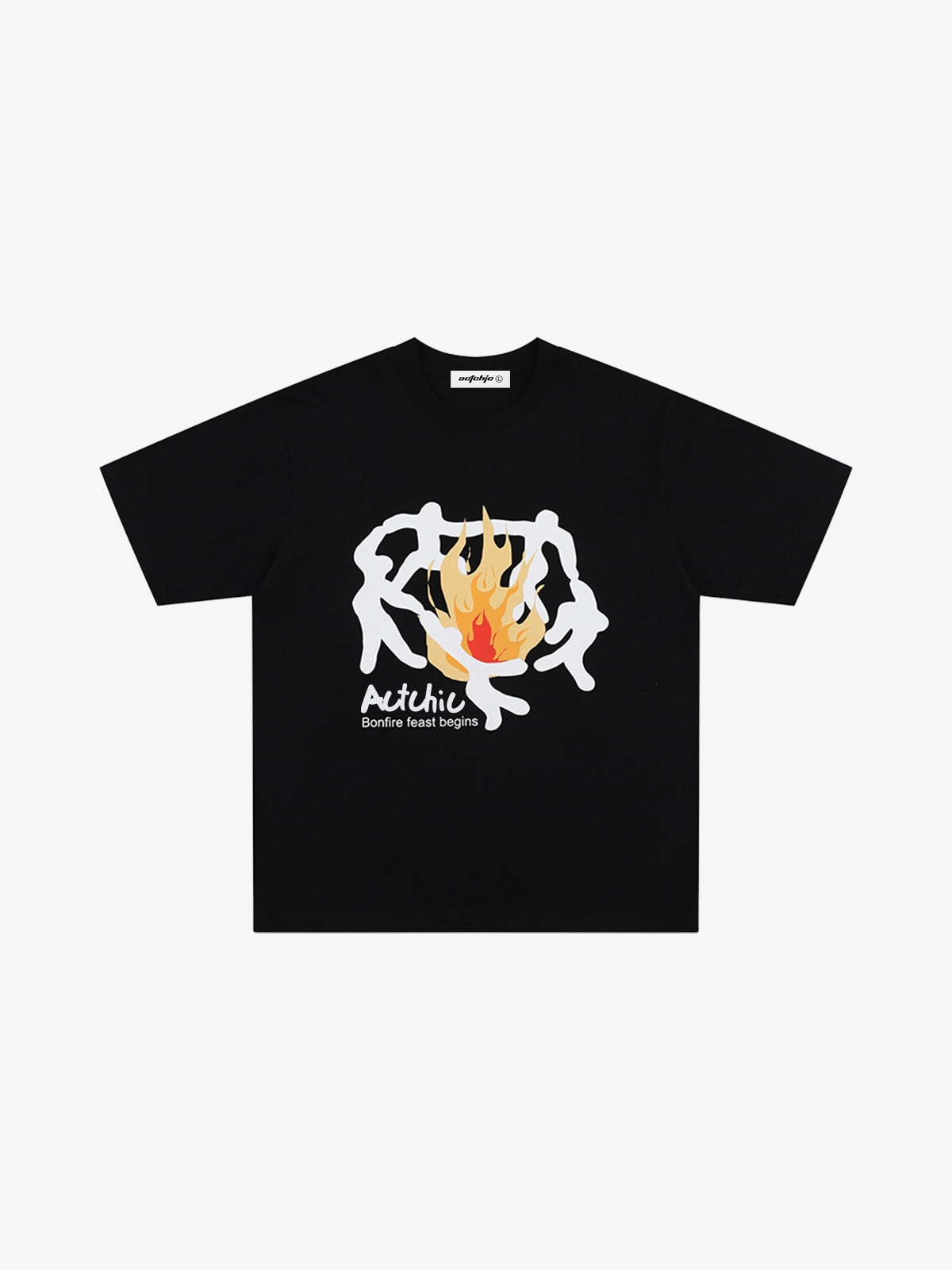 Black Act Chic Dancing Around Flame Print Tee Front
