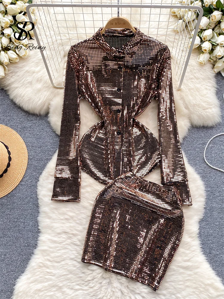 Huibahe American Spring Sequins Two Pieces Sets Senior Lapel Long Sleeves Shirt+Bodycon Mini Skirt Fashion Shiny Sexy Suits