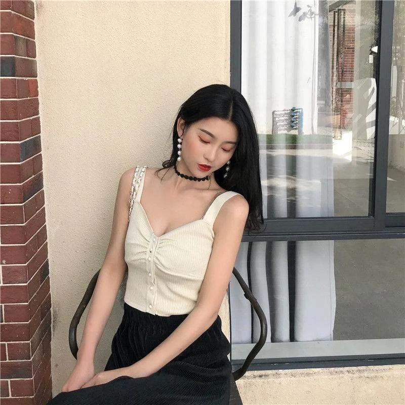 Uveng Uveng Short Sling Vest Female Hong Kong Flavor Retro Chic Korean Version Of Twisting Buckle Decorative Temperament Match Blouse Korean Tide