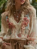 Women's Rose AppliquÉ Lace-trimmed V-neck Shirt