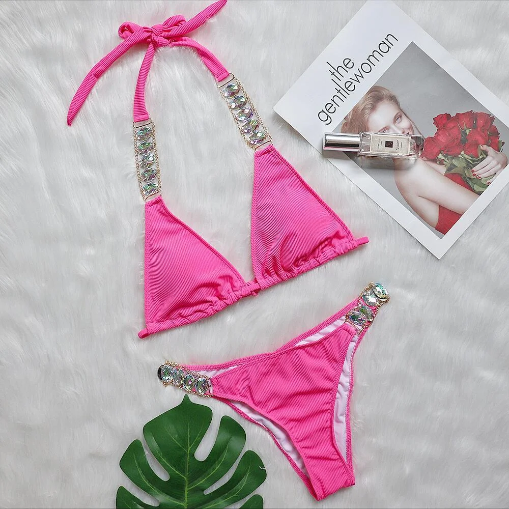 Uveng Uveng Bikini Ribbon Luxury Diamond Swimwear Sexy Metal Chain Accessories Swimsuit