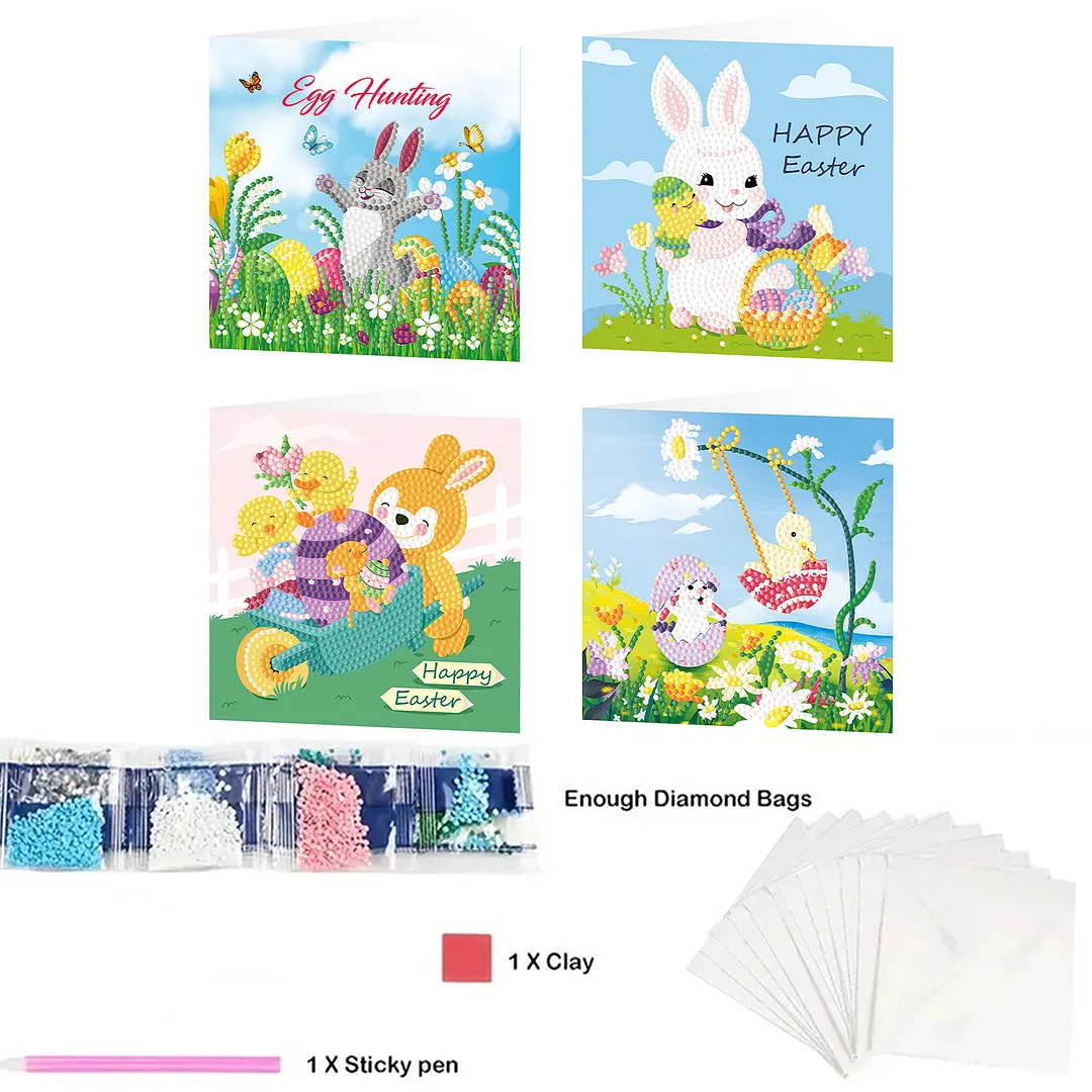 4Pcs Rabbit Easter Egg Theme DIY Diamond Painting Greeting Card Set with Envelopes 5D Unique Rhinestone Arts Card Rhinestone Diamonds Art Postcards for Adults Gifts Families Friends Partners