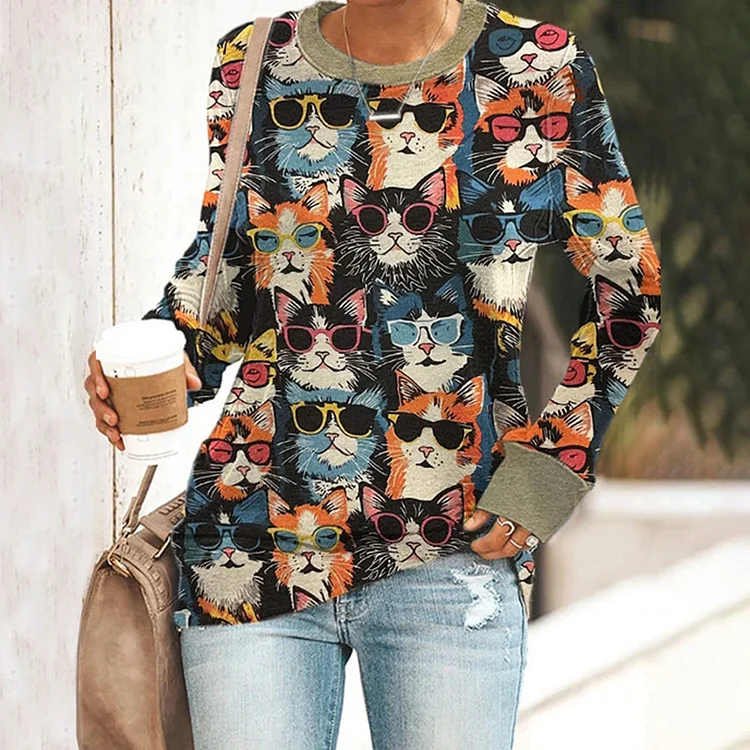 Wearshes Women's Cool Cat Print Inspirational Casual Sweatshirt