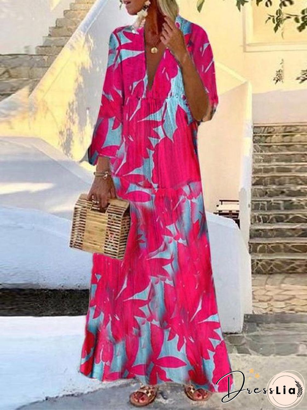 V-Neck Chic Mandarin Sleeve Pattern Dress