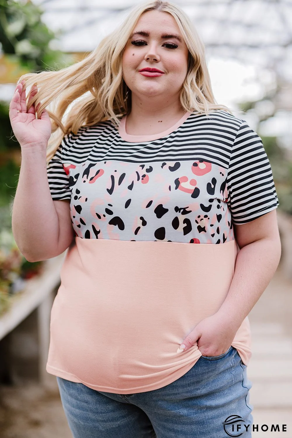 Pink Stripes Leopard Colorblock Plus Size Short Sleeve Top | IFYHOME