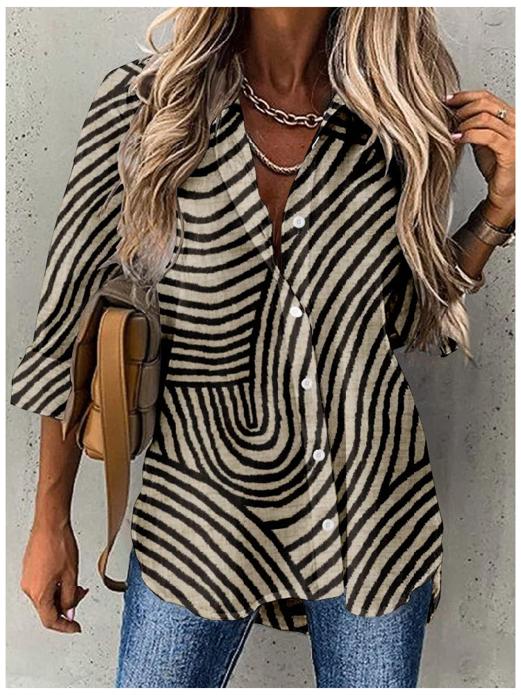 Women's Long Sleeve V-neck Striped Graphic Printed Tops