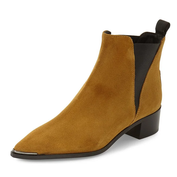 Mustard Vegan Suede Chelsea Boots Pointed Toe Chunky Heel Ankle Boots |FSJ Shoes