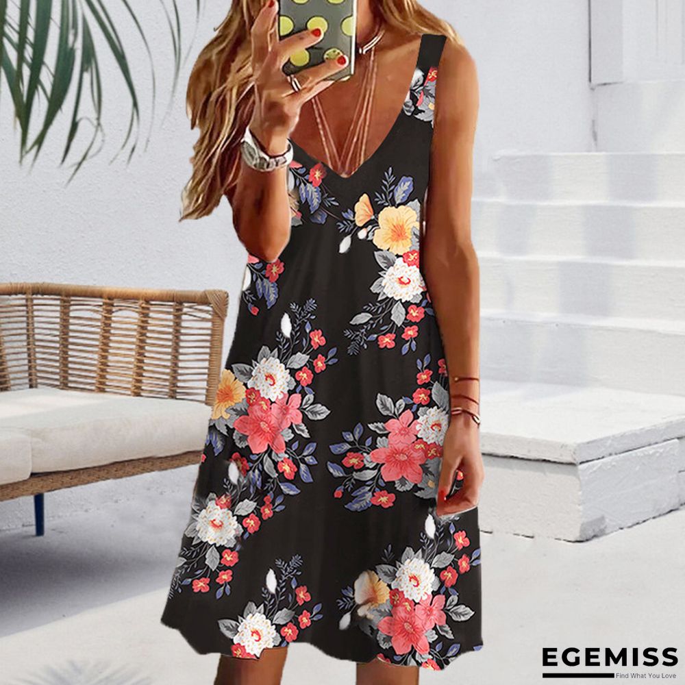 Casual V-neck Loose Flower Sleeveless Dress | EGEMISS