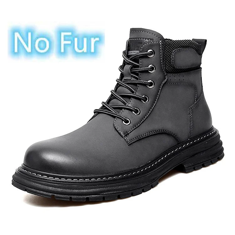 Gregorysupply High Top Motorcycle Boots Mens Genuine Leather Shoes Fashion Ankle  Boots Warm Plush Fur Winter Boots Man Lace-Up Antiskid Botas