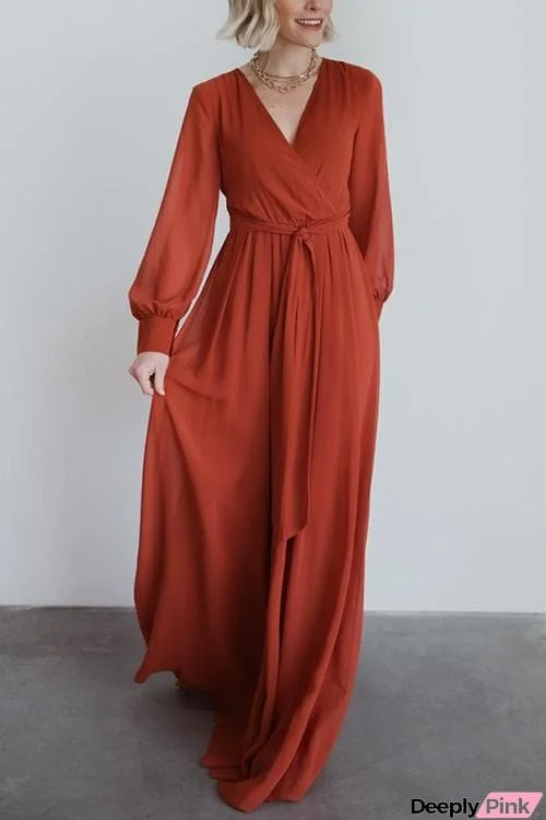 Button Puff Sleeve Belted Maxi Dress