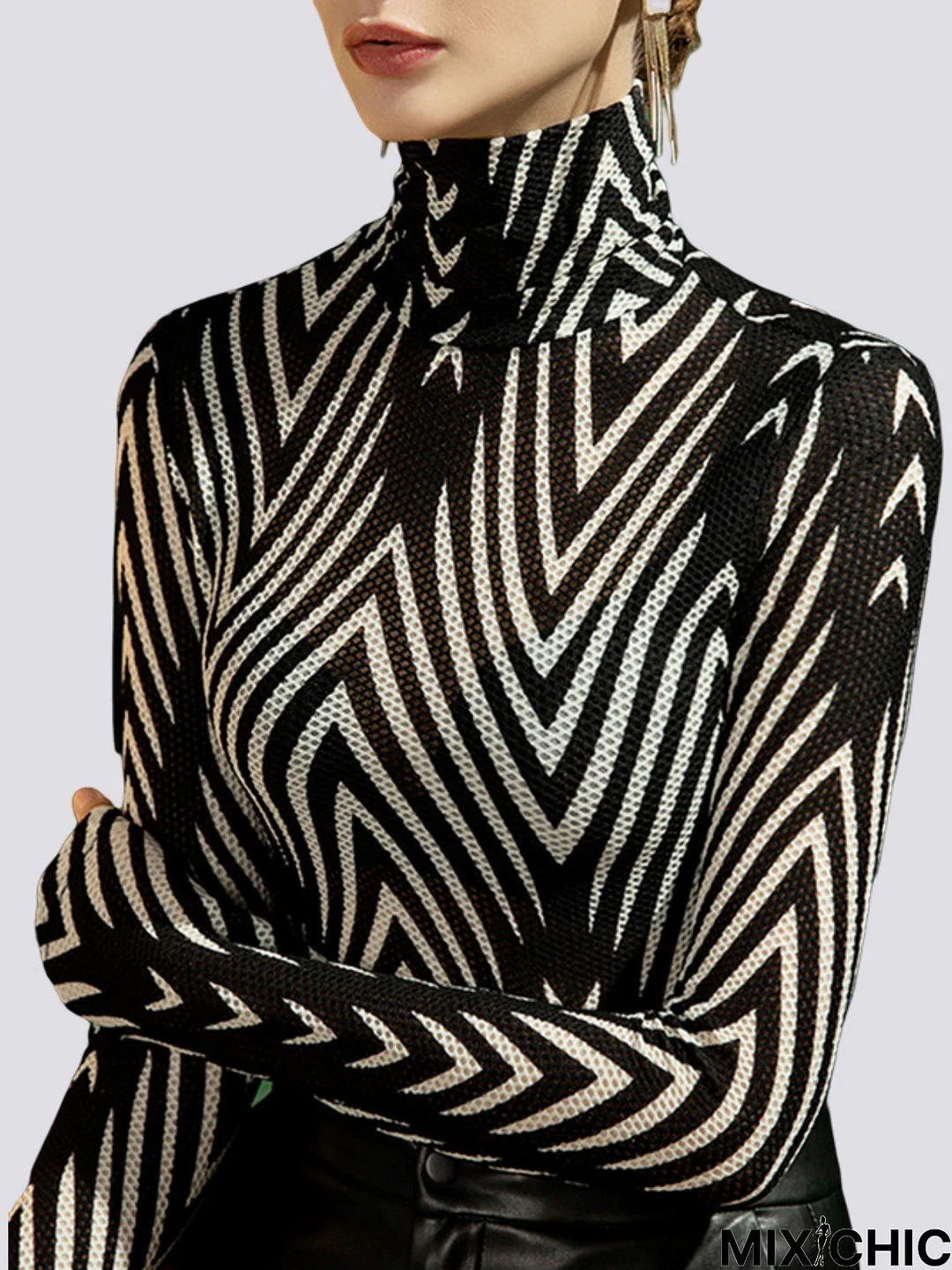 Daily Basic Striped  Turtleneck Long Sleeve Top