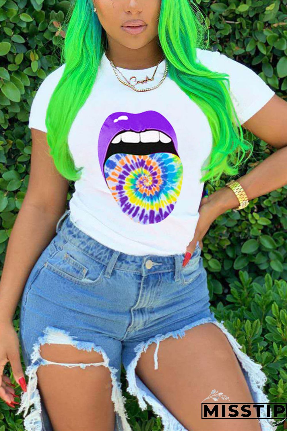 Green Fashion Lips Print Short Sleeve T-shirt