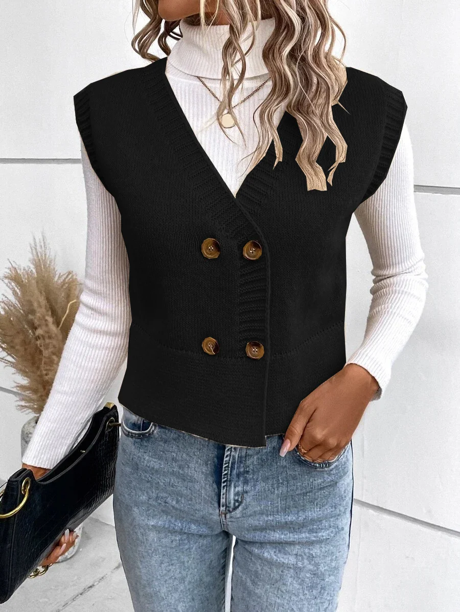 Wongn Wongn Knit Vest V-Neck Button Casual Sweater Double Breasted Women's Cardigan