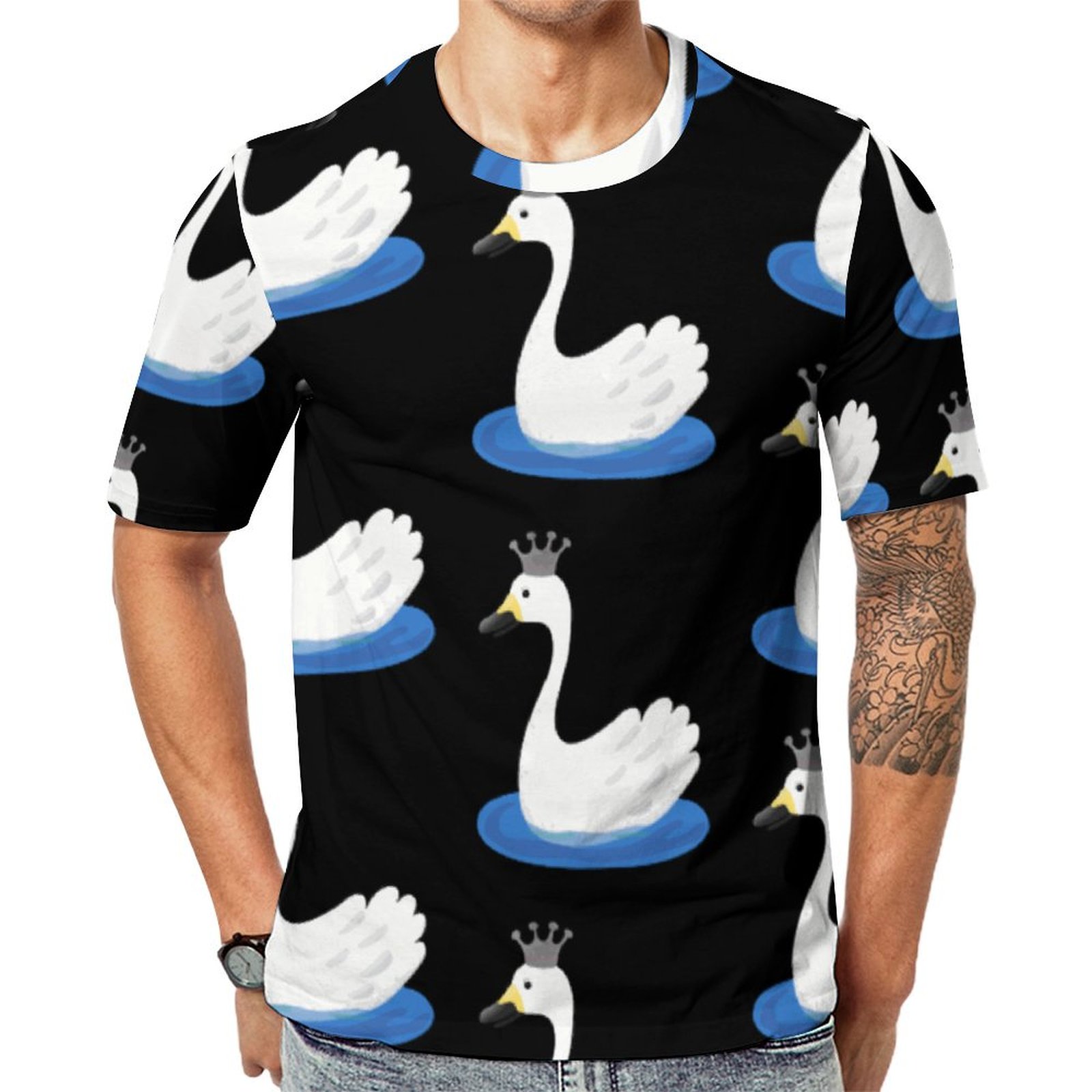 Cute White Swan With Crown Cartoon Short Sleeve Print Unisex Tshirt Summer Casual Tees for Men and Women Coolcoshirts