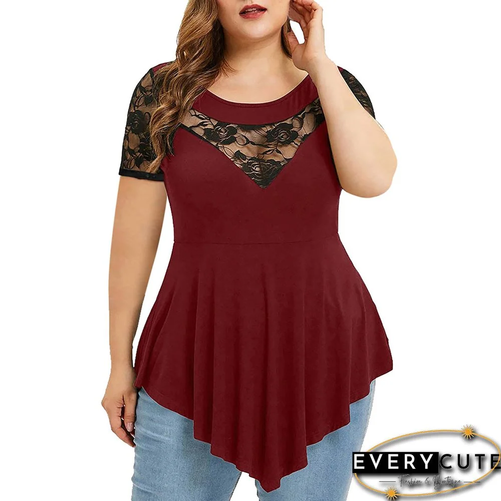 Wine Red Lace Insert Irregular Hem Plus Size Tops