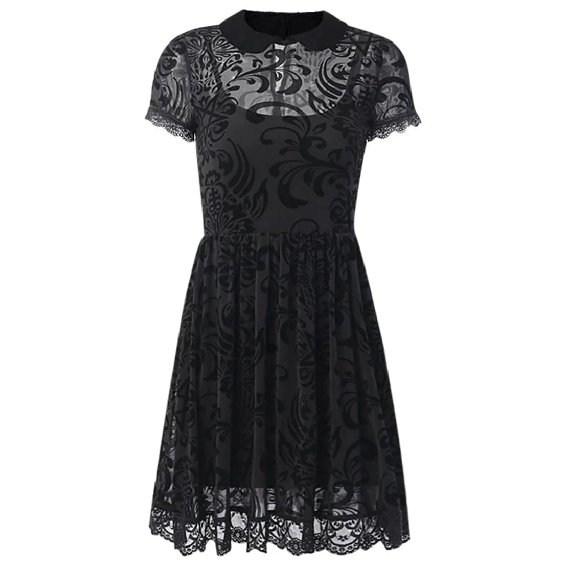 InsGoth Vintage Lace Gothic Dress Women Party Sexy Hollow Out Black Mini Short Sleeve Dresses Harajuku Casual Female Mesh Dress