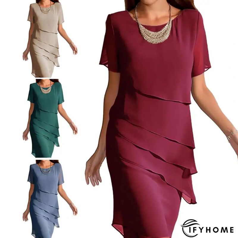 Elegant Plain Crew Neck Half Sleeve Formal Midi Dress | IFYHOME