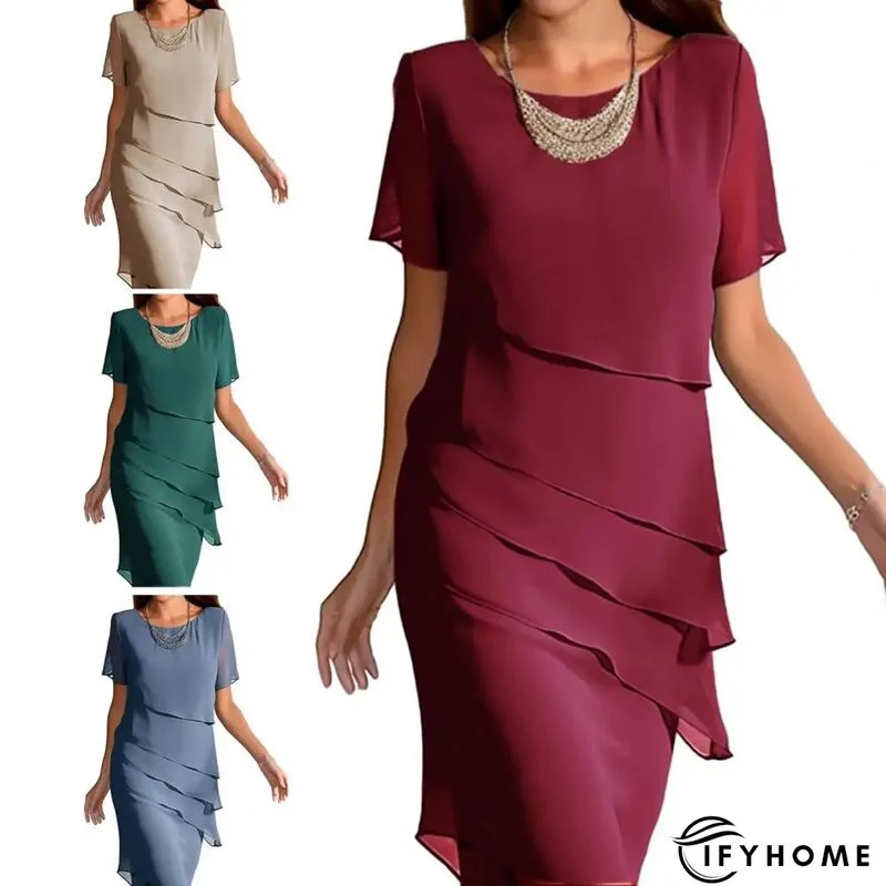 Elegant Plain Crew Neck Half Sleeve Formal Midi Dress | IFYHOME