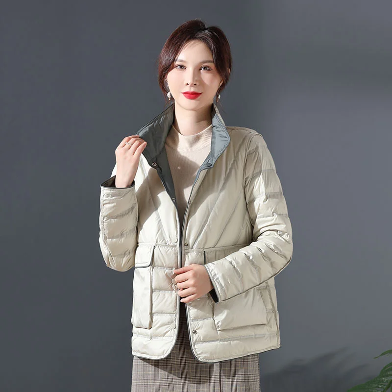 Woherb Double-Sided Double-Color Wear Winter Standing Collar Light Down Jacket Female Short Rubber White Duck Velvet Warm Coat Tide-Outfit Ideas