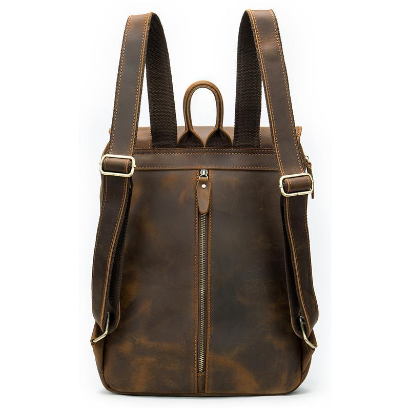 Distinct Vintage Look Genuine Leather Foldover Top Antique Brass Hardware Backpack