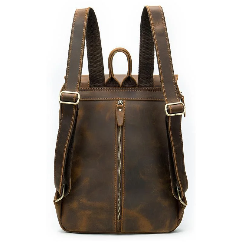Distinct Vintage Look Genuine Leather Foldover Top Antique Brass Hardware Backpack