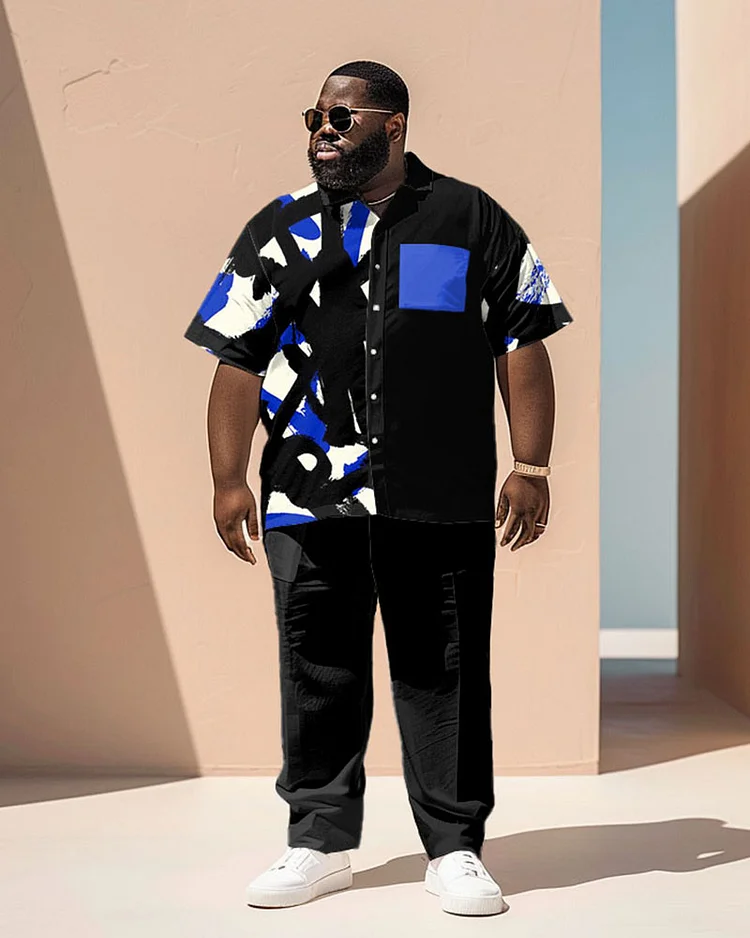 Men's Plus Size Business Simple Abstract Geometric Print Pocket Short Sleeve Shirt Suit