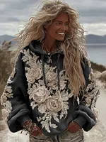 Women's Classic Romantic White Rose Embroidery Art Comfy Hoodie - Image 4