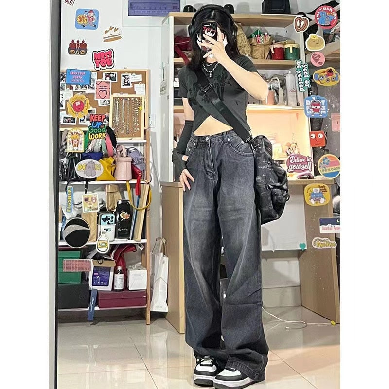 Women Vintage Streetwear Black Baggy Korean Jeans High Waiste Oversize Wide Leg Pants Grunge Denim Trousers Y2K Alt Clothes LANFUBEISI