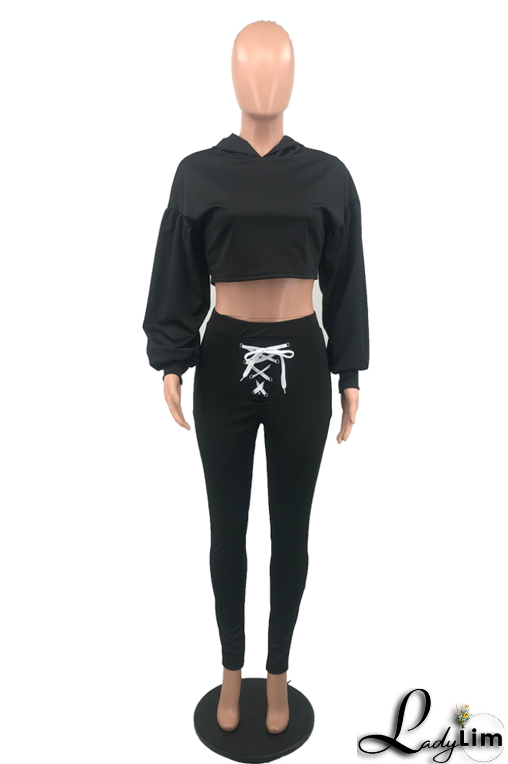 Black Casual Solid Draw String O Neck Long Sleeve Two Pieces