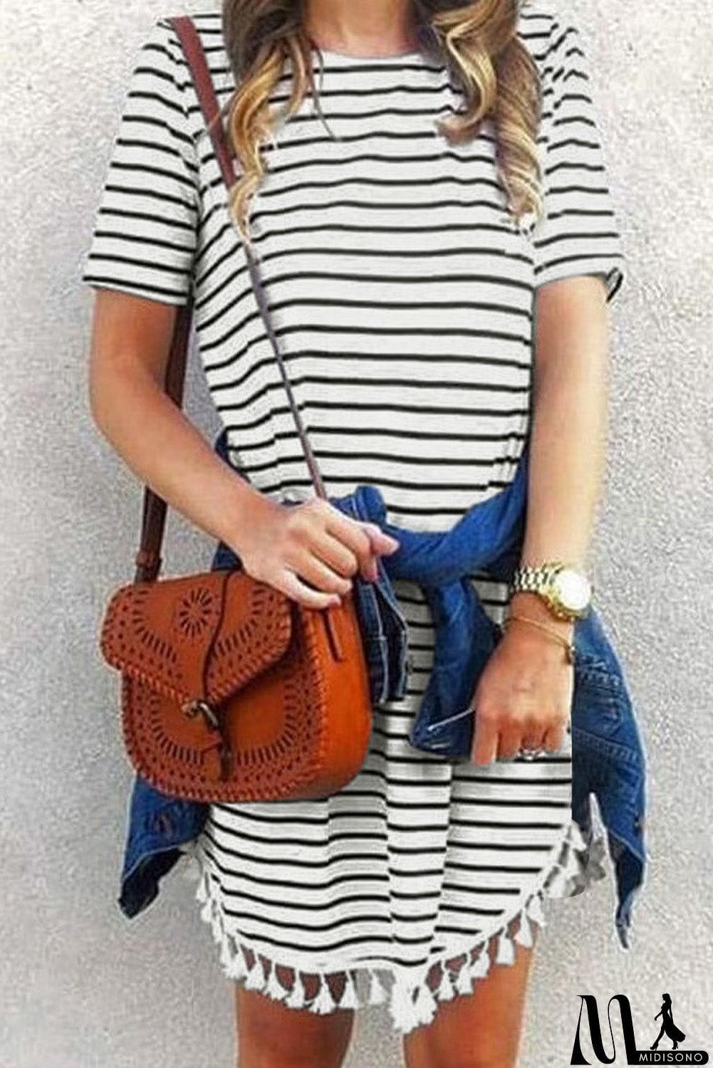 MidiSono - Crew Neck Striped T-shirt Mini Dress with Tassel