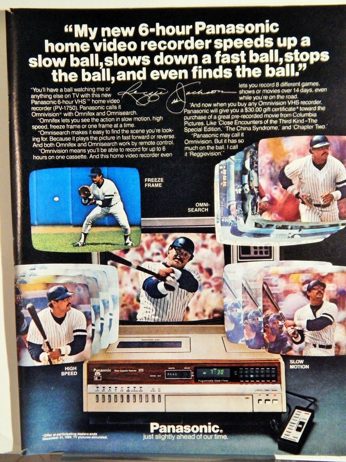 PANASONIC PV-1750 VHS VIDEO RECORDER REGGIE JACKSON ORIG VTG 1980 Photo Poster painting AD,