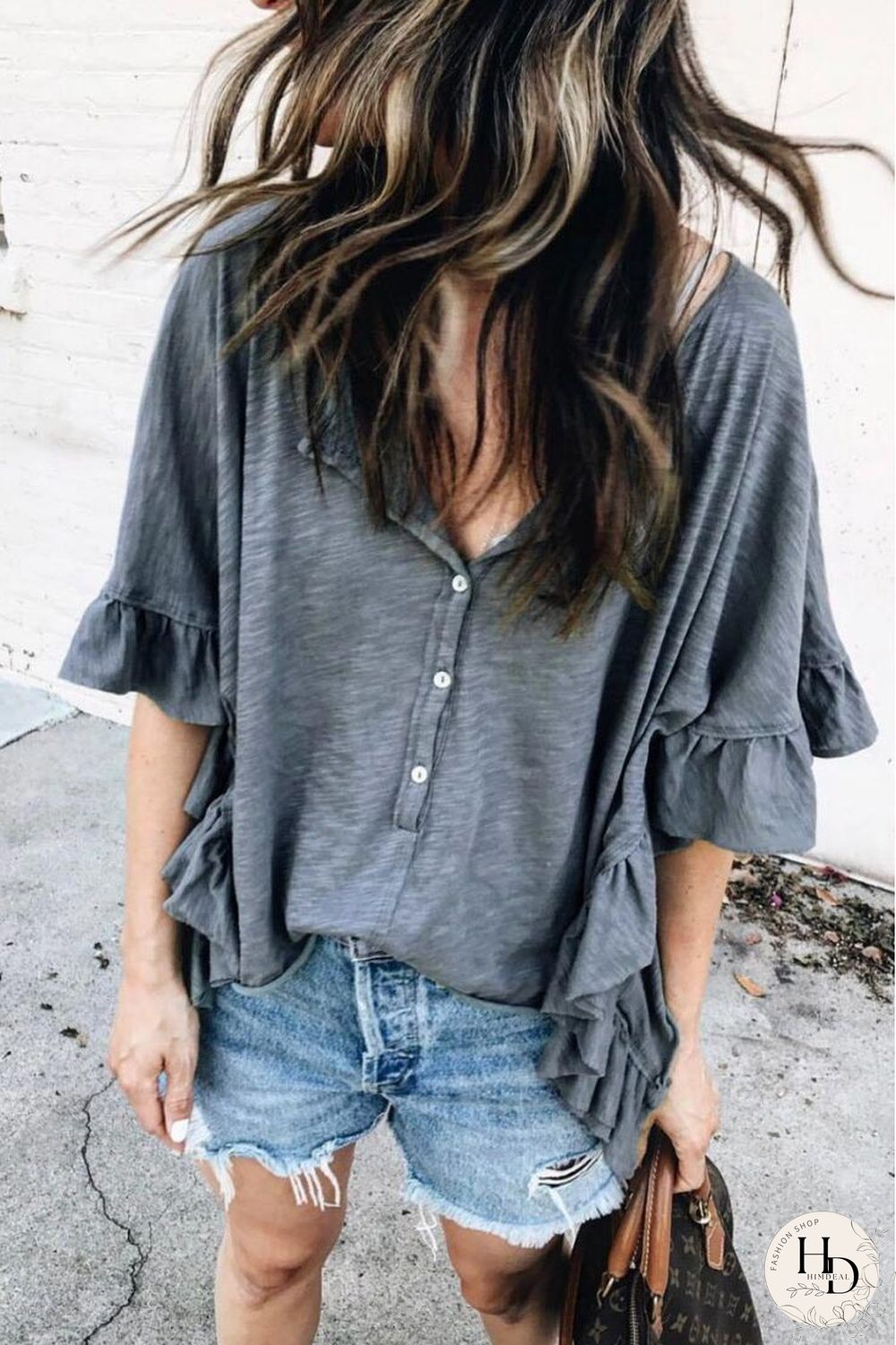 Loose Ruffle Sleeve Buttoned T-shirt