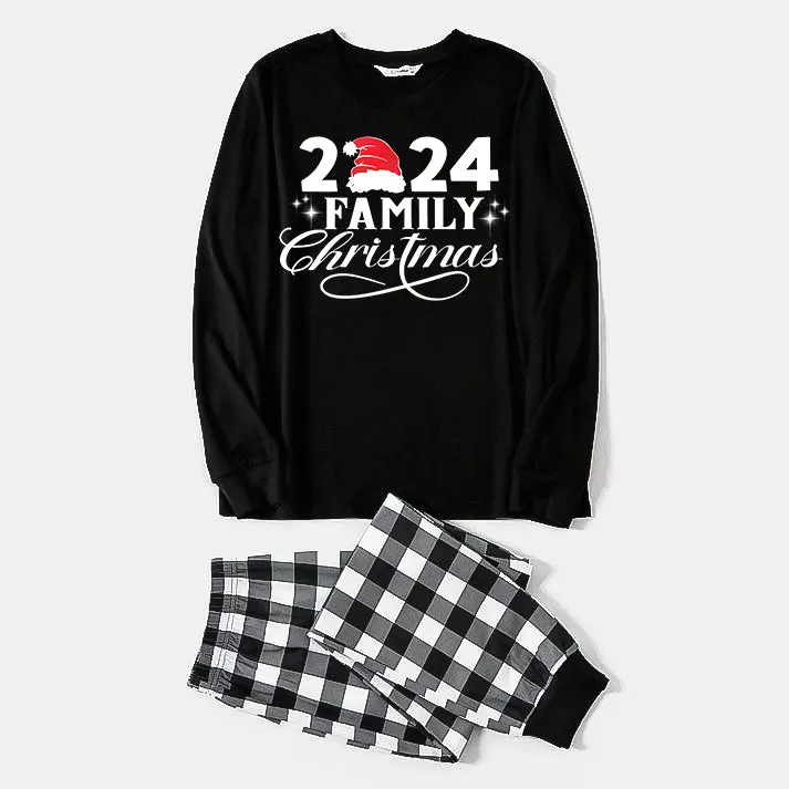 "2024 Family Christmas" Letter Print Black Long Sleeve Top with Black And White Plaid Pants Family Matching Pajamas