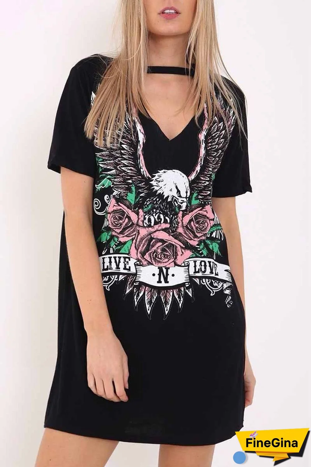 Women's Choker Cutout V-Neck Eagle Printed Short Sleeve Mini Dress