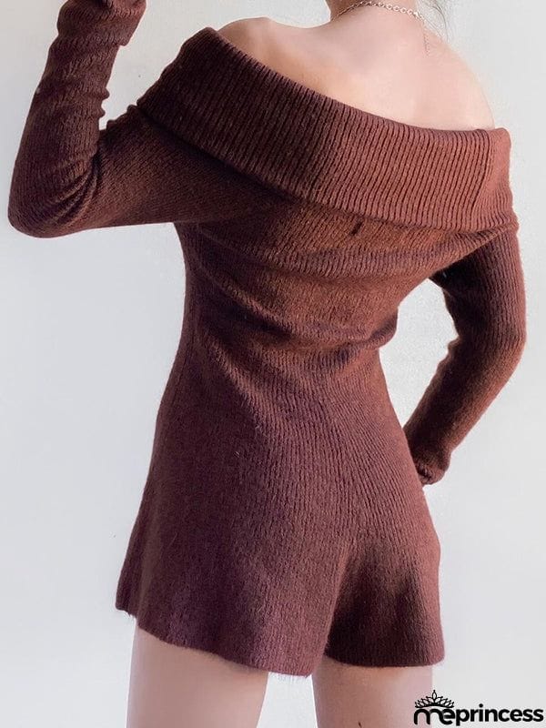 Long Sleeves Skinny Solid Color Off-The-Shoulder Rompers