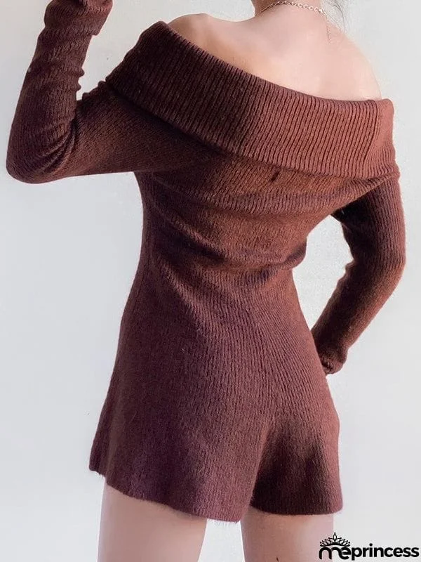 Long Sleeves Skinny Solid Color Off-The-Shoulder Rompers