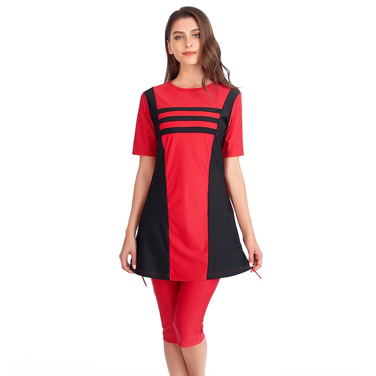 Burkini Swimwear Muslim Fashion Outfits Women Short Sleeve Stitching Conservative Beach Swimsuit