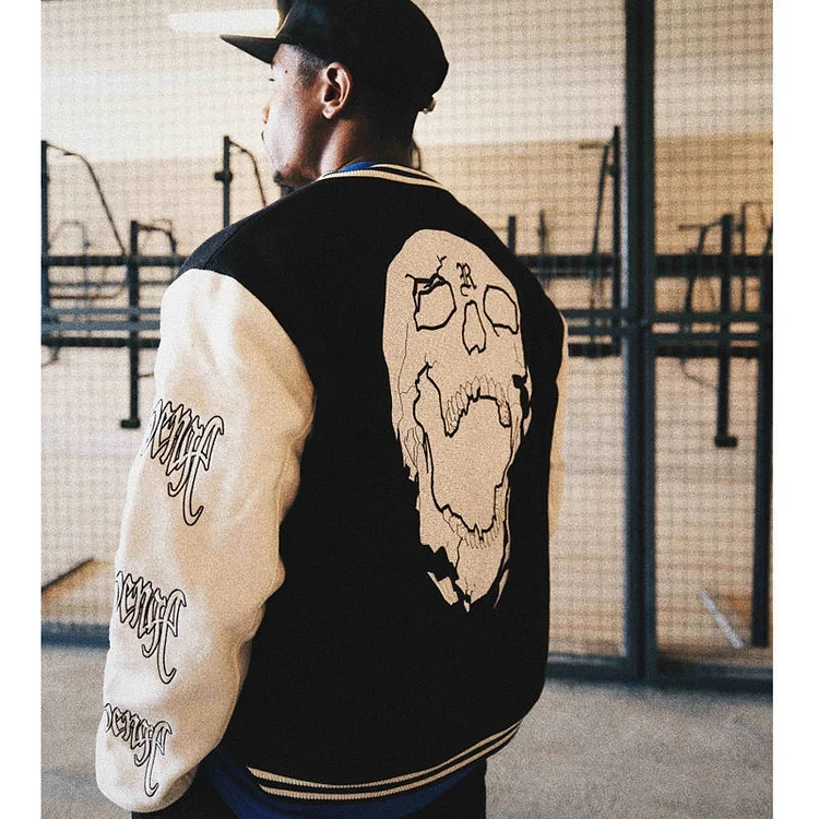 Street Vintage Skulls Embroidered Men's Baseball Varsity Jackets at Hiphopee