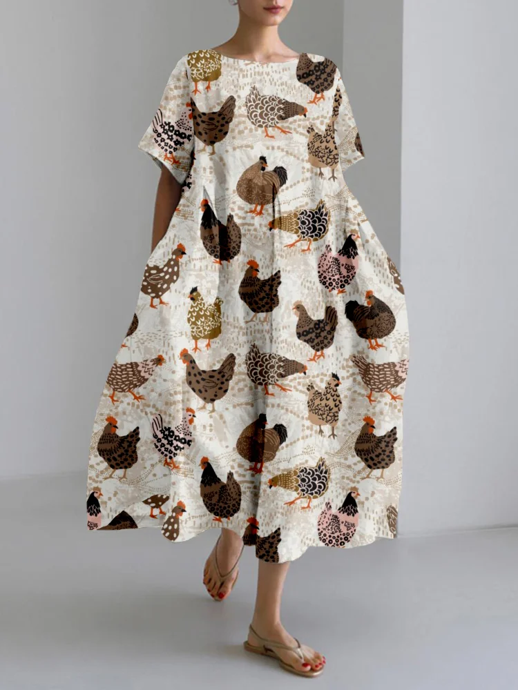 Comstylish Cute Chickens Pattern Linen Blend Maxi Dress