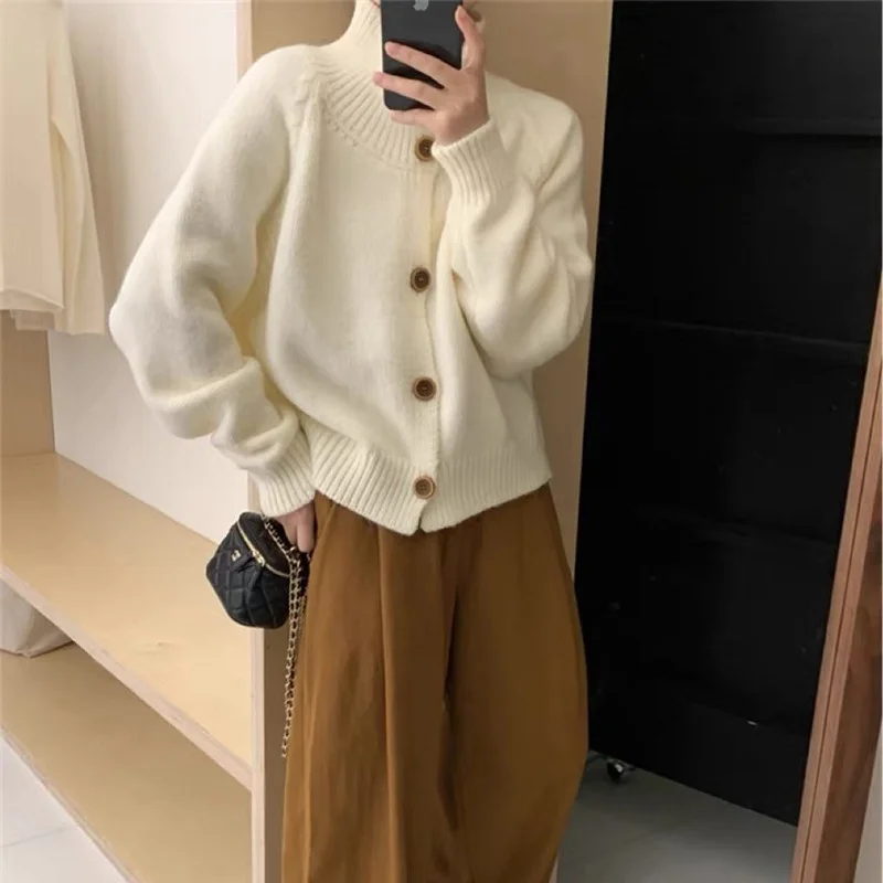 Churchf Churchf Autumn And Winter New Korean Retro Standing Collar Single Row Button Sweater Women's Small Short Knit Cardigan