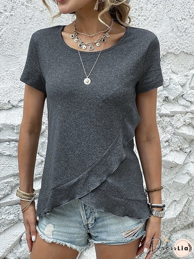 T shirt Tee Black Blue Green Plain Ruffle Short Sleeve Daily Weekend Basic Round Neck Regular S for Women