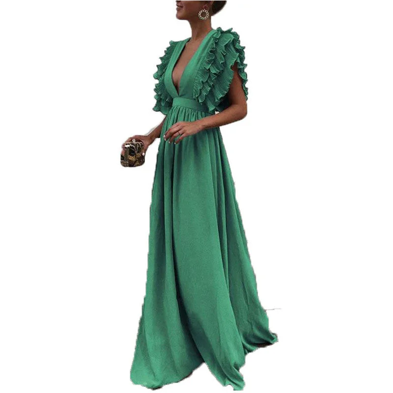 Uveng Sleeves Mid Waist V-neck Backless Solid Color Long Dress