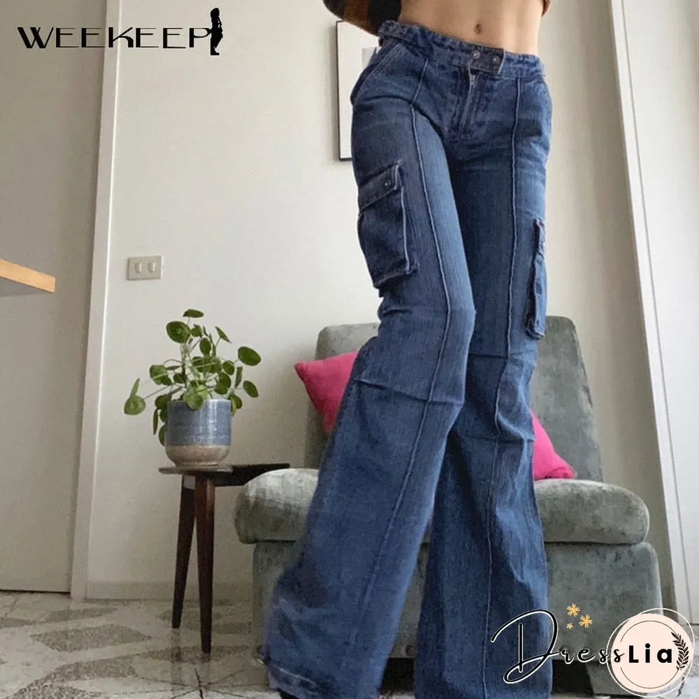 Vintage 90s Womens Casual Streetwear Jeans Baggy Flared Denim Pants Autumn Harajuku Korean