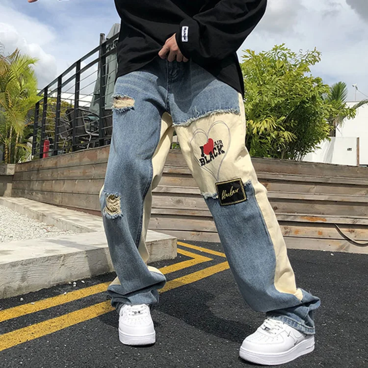 Street Color Block Letter Print Jeans