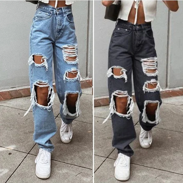 New Fashion Women'S High Waist Jeans Casual Blue Black Denim Jeans Ripped Washed Jeans Trousers