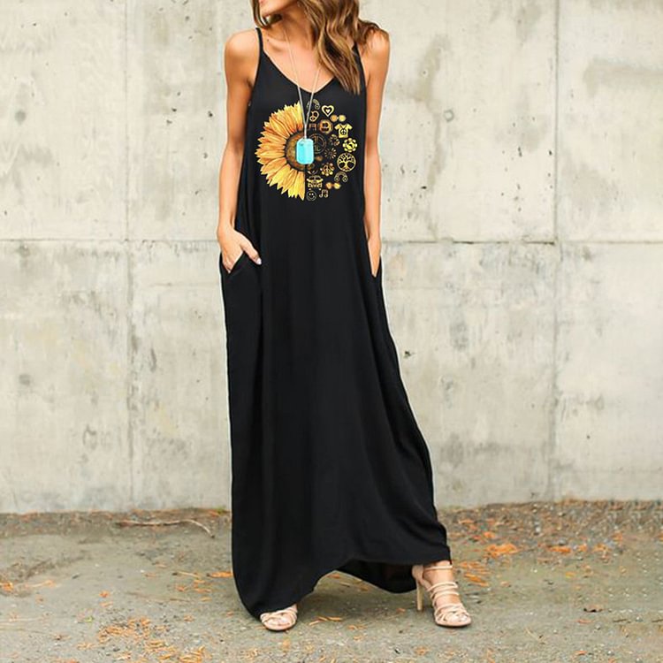 Casual Sunflower Print Slip Maxi Dress
