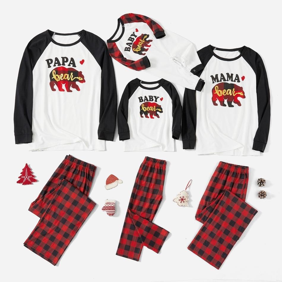 Family Matching Bear Print Plaid Christmas Pajamas Sets