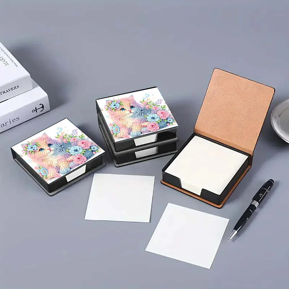 DIY Flower Cat Leather Diamond Art Note Box with 160 Sheets of Paper for Beginners