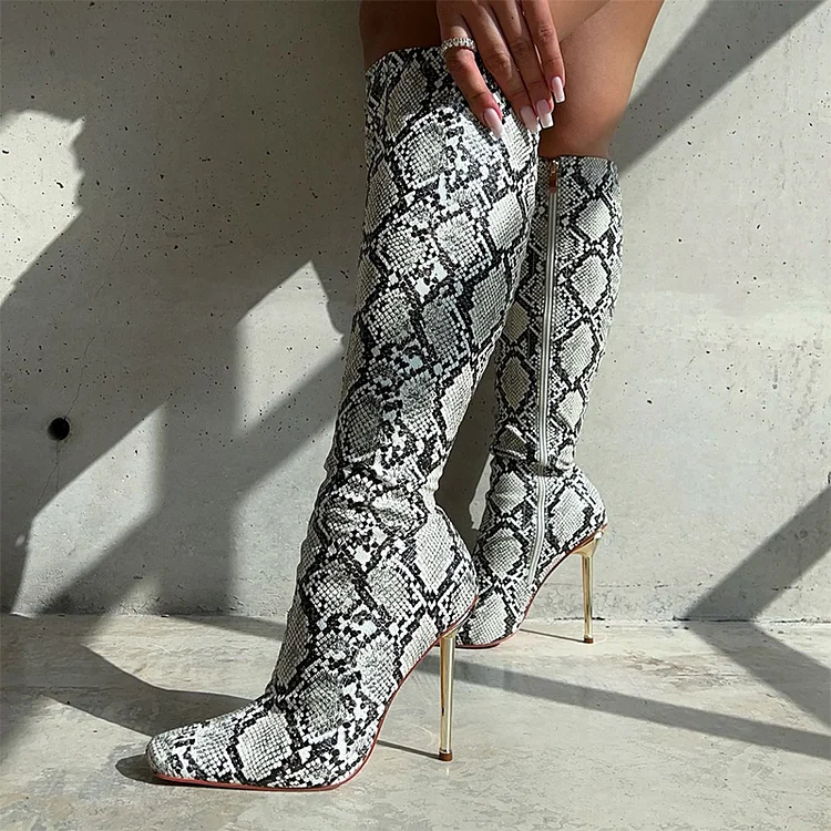 Pointed Snakeskin Boots Classic Stiletto Heels Knee High Zipper Boots |FSJ Shoes